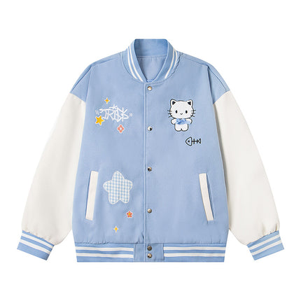 Embroidery Cute Cat Baseball Jacket Women Loose Korean Chic Jacket