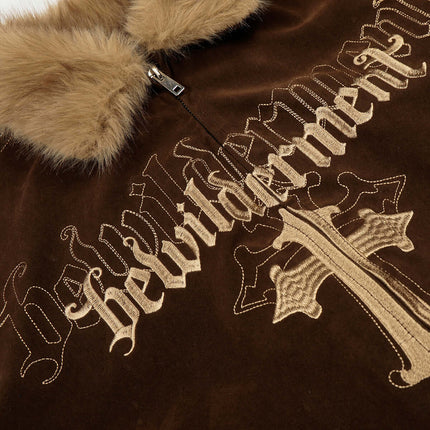 Warm Cotton Jacket with Fur Collar – Loose Fit close-up showing fur collar and detailed embroidery.