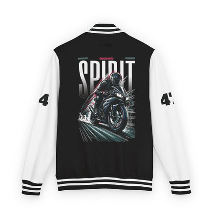 Unisex Heavyweight Letterman Jacket with Retro Motorcycle Design – Perfect for Spirit Events & Everyday Style