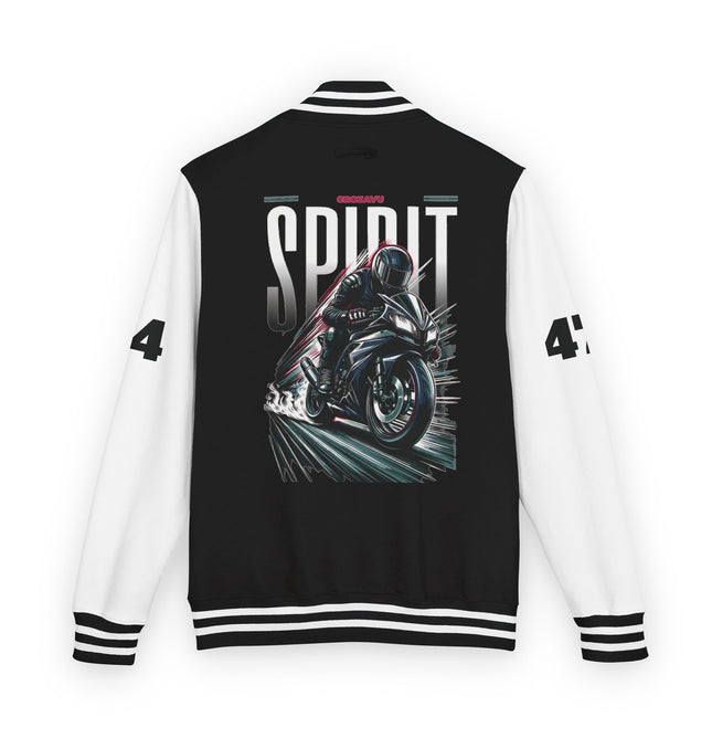 Unisex Heavyweight Letterman Jacket with Retro Motorcycle Design – Perfect for Spirit Events & Everyday Style