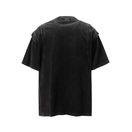 Washed Spliced Distressed T-Shirt – Loose Fit, black relaxed tee with splicing details and a washed-out finish.