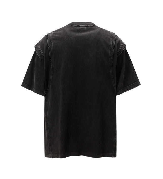 Washed Spliced Distressed T-Shirt – Loose Fit, black relaxed tee with splicing details and a washed-out finish.