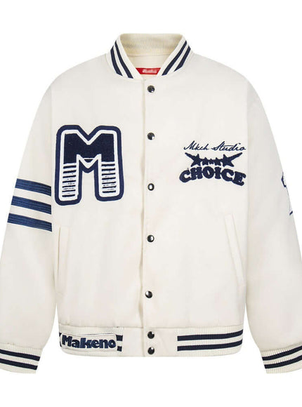 Model wearing Ivory White heavy embroidery letter baseball by Grozavu