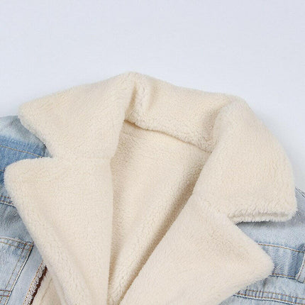 Cozy Denim Elegance: Grozavu's Plush Faux Lamb Wool Lapel Cotton Jacket! at €112.99