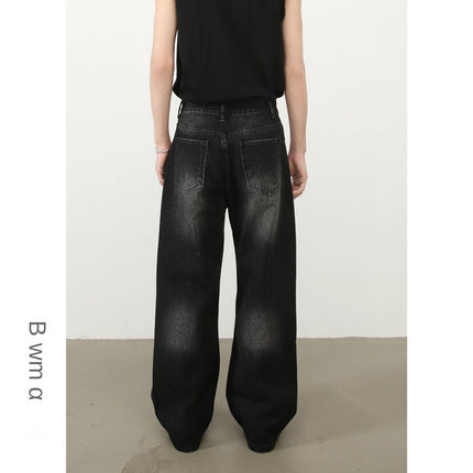 Nirben American Retro High Street Washed Distressed Denim Trousers Men's Loose Straight Wide Leg Long Pants
