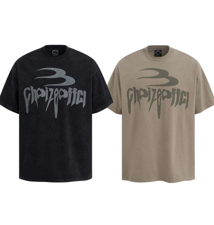 Retro Washed Letter TShirt – Loose Fit in black and beige with bold graphic design.