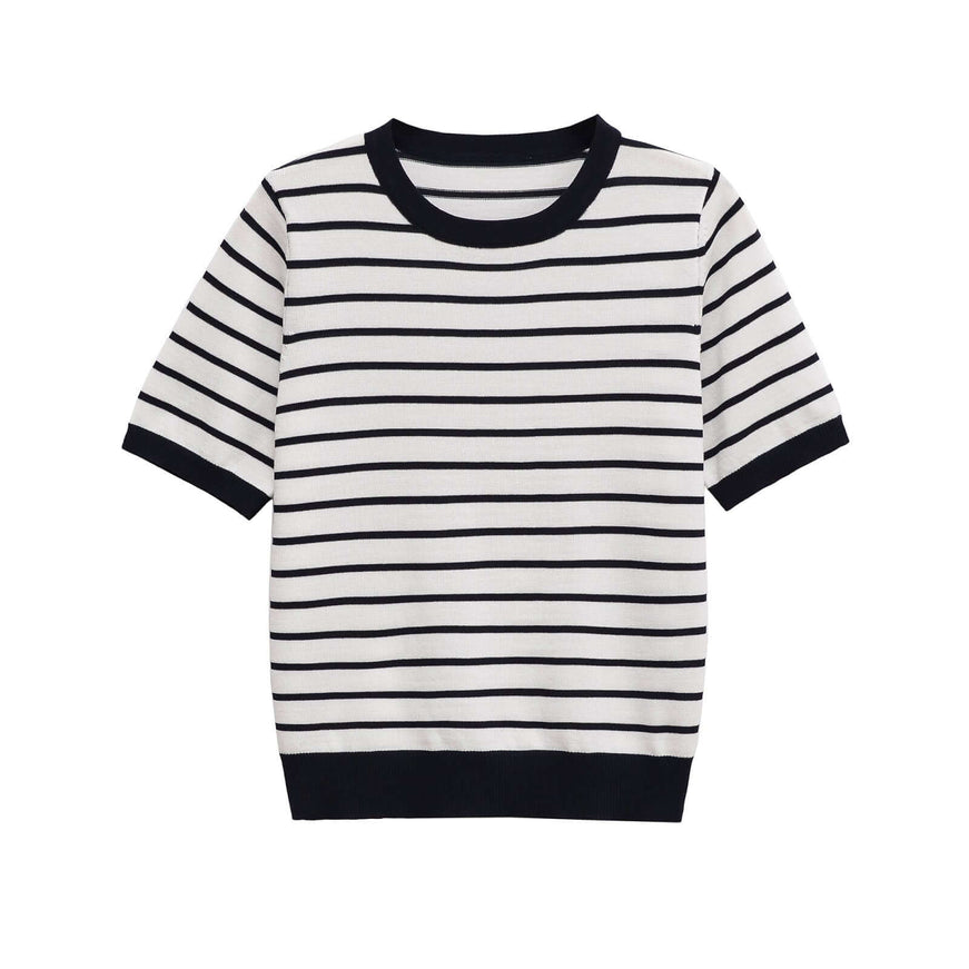 Model wearing Stripe striped round neck knitted by Grozavu