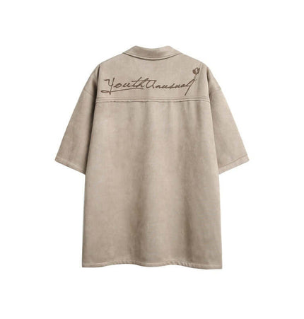 Suede Short Sleeve Shirt - Loose Fit, back view showing soft suede texture and relaxed silhouette.