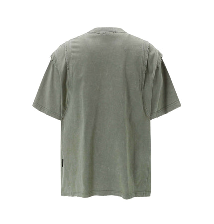 Washed Spliced Distressed TShirt – Loose Fit back view in faded green with unique splicing details