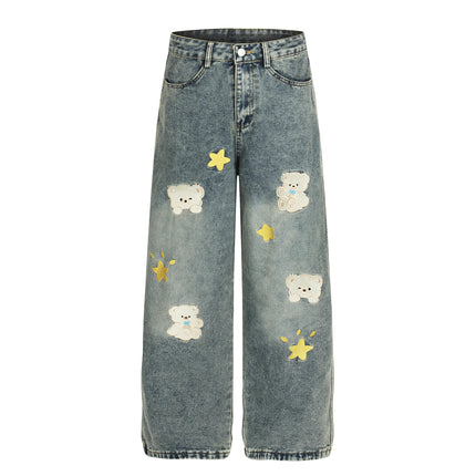 Casual Loose Fit Cartoon Embroidery Distressed Denim Pants