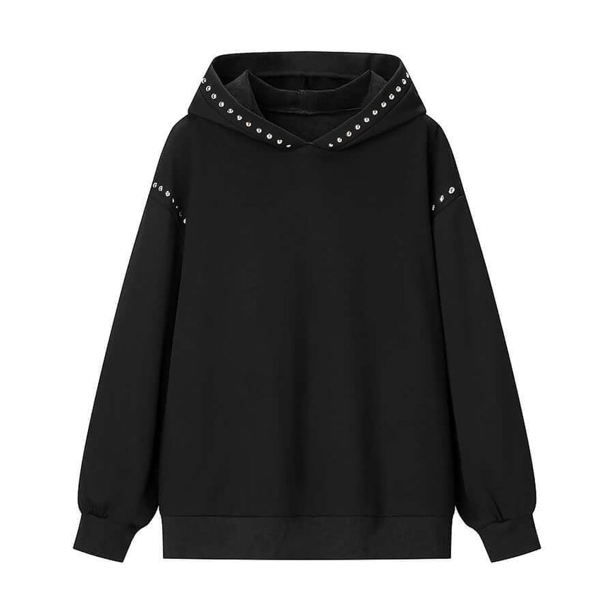 Model wearing Black riveted hooded sweatshirt by Grozavu