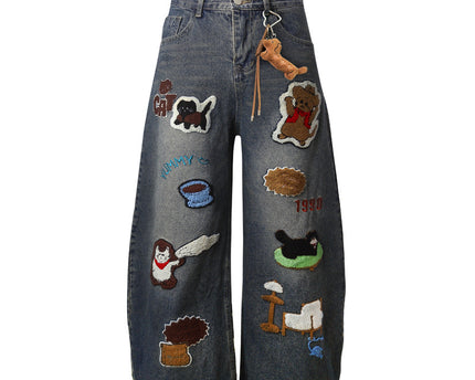 Vintage Cartoon Towel Embroidery Washed Knife-Edge Jeans Pants