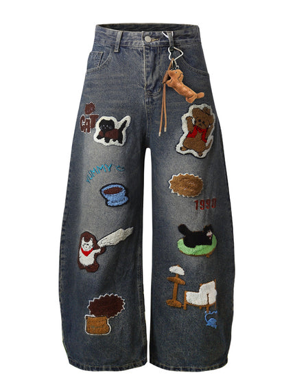 Vintage Cartoon Towel Embroidery Washed Knife-Edge Jeans Pants