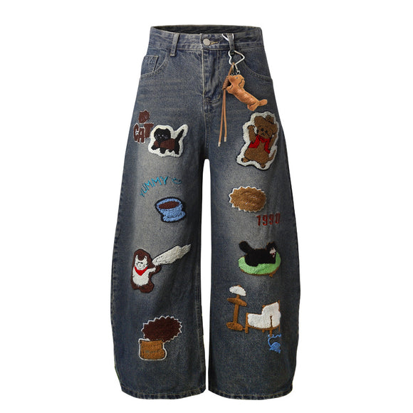 Vintage Cartoon Towel Embroidery Washed Knife-Edge Jeans Pants