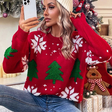 Women Christmas Sweater – Embroidered Tree & Snowflake Knit Pullover