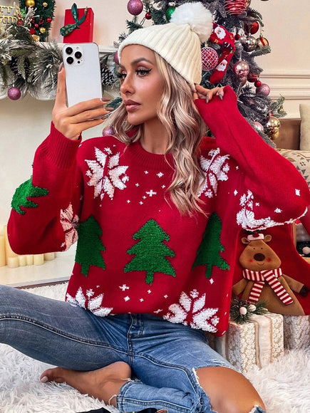 Maglione di Natale da Donna – Pullover in Maglia con Albero Ricamato e Fiocchi di Neve