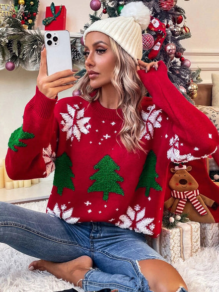 Pull de Noël pour femmes – Pull en tricot avec arbre brodé et flocon de neige