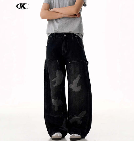 Pigeon Print Wide Leg Jeans – Loose Fit on a model, showcasing bold pigeon graphics and relaxed silhouette.