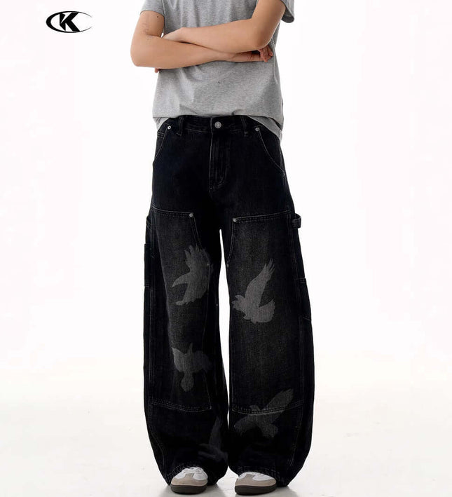 Jeans with Pigeon Pattern for Men and Women, Loose Fit Wide Leg Trousers