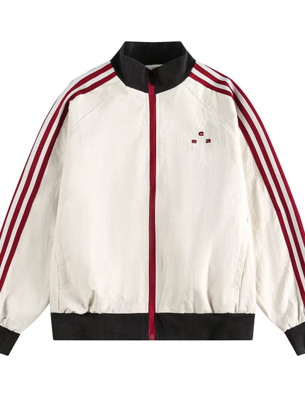 Retro Three-Stripe Raglan Sleeve Patchwork Stand Collar Sports Jacket