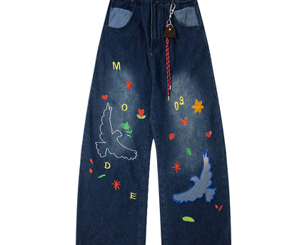Retro Fun Patch Embroidery Denim Pants Unisex Trendy Design Wide Leg Loose Washed Tapered Jeans