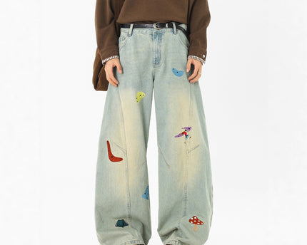 Jeans de Parchwork Divertidos de Calle Alta para Hombre, Tendencia Otoñal, Pantalones de Cuchillo Deconstruidos Bordados, Pantalones Rectos Lavados Cleanfit