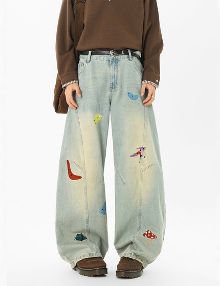 High Street Fun Patchwork Jeans Men Autumn Trendy Deconstructed Embroidered Knife Pants Cleanfit Washed Straight Leg Pants