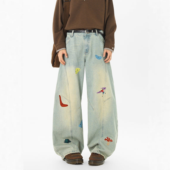 High Street Fun Patchwork Jeans Men Autumn Trendy Deconstructed Embroidered Knife Pants Cleanfit Washed Straight Leg Pants