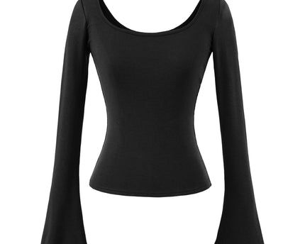 Tricou elastic cu mâneci lungi, cu dungi, de tip U-neck, strâns