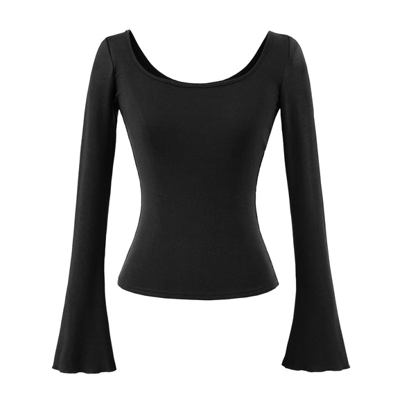 U-neck striped long sleeved elastic T-shirt tight top