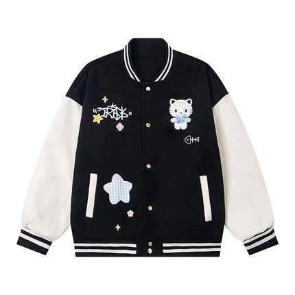 Embroidery Cute Cat Baseball Jacket Women Loose Korean Chic Jacket