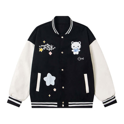 Black embroidery cute cat baseball jacket with Grozavu logo