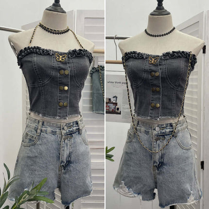 Débardeur sans bretelles ajusté en denim avec boucle