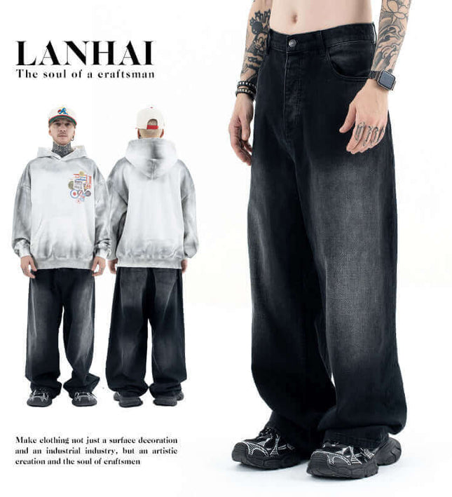 Black and Grey Straight Loose Casual  Denim Pants for Men and Women