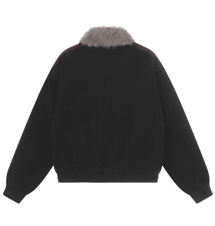 Back view of the Warm Cotton Jacket with Fur Collar – Loose Fit, showcasing the stylish fur collar and sleek design.