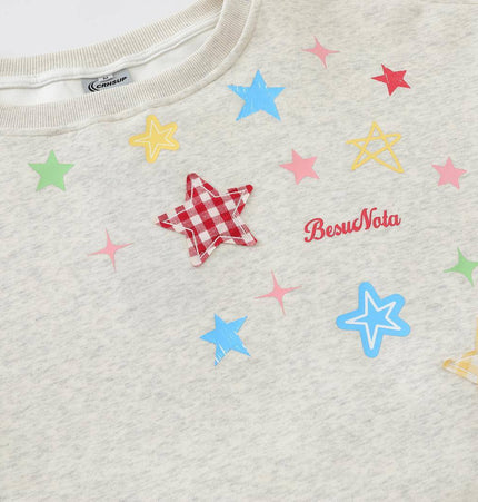 Slanted Shoulder Retro Graffiti Hoodie featuring colorful star graphics on a light grey background.