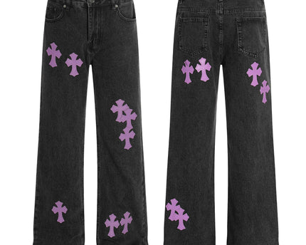 Style Trendy Unisex Retro Cross Pattern Slim Fit Flared Denim Pants
