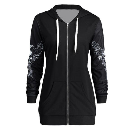 Women's black hoodie with skull wings print and criss-cross embellishments, made of organic relaxed cotton, full sleeves, perfect for fall, spring, and winter.