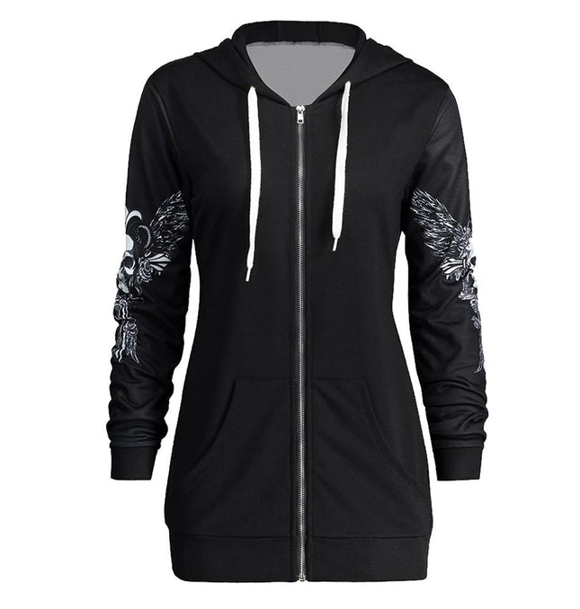 Women's black hoodie with skull wings print and criss-cross embellishments, made of organic relaxed cotton, full sleeves, perfect for fall, spring, and winter.