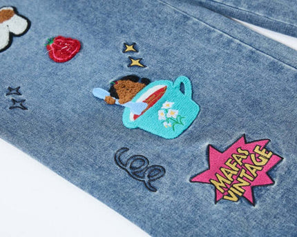 Embroidered College Style Cartoon Patch Denim Pants