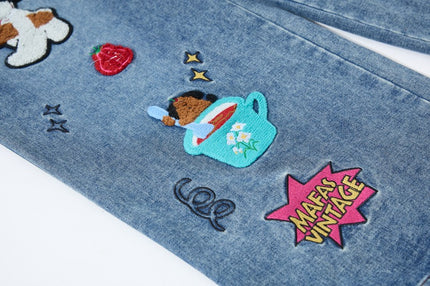 Embroidered College Style Cartoon Patch Denim Pants