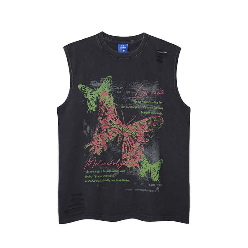 Front view of Distressed Butterfly Print Crew Neck - Grozavu brand streetwear