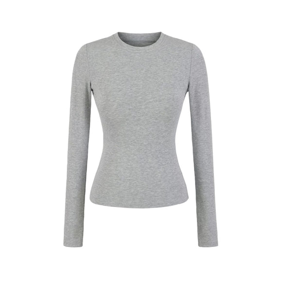 Camiseta básica elástica ajustada de manga larga con cuello redondo vintage, acolchada, de hombros regulares, top sólido de color simple