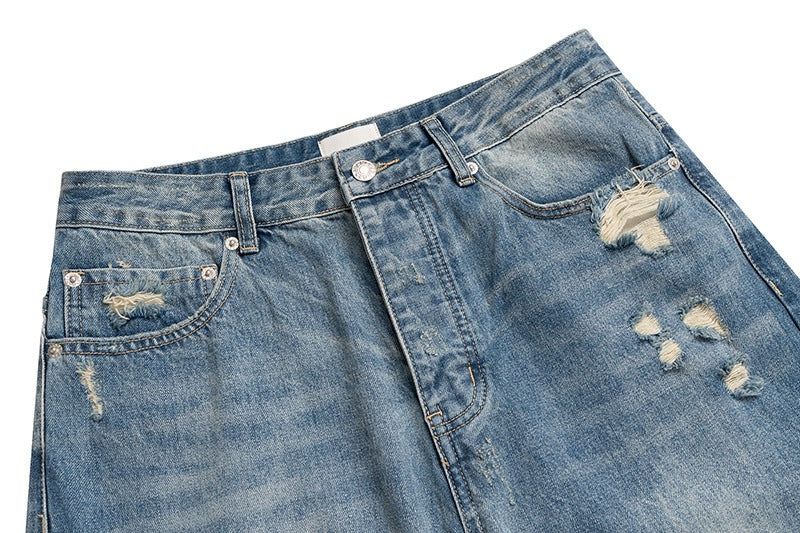 High Street Distressed Hole Denim Long Pants Washed Loose Wide Leg Jeans