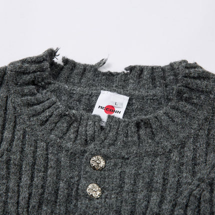 Ripped Hem Knit Cardigan – Loose Fit featuring a round neckline and distressed details in a cozy gray knit.