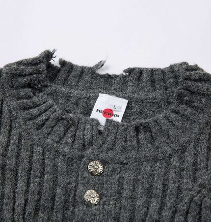 Ripped Hem Knit Cardigan – Loose Fit showing the round neckline and ribbed texture