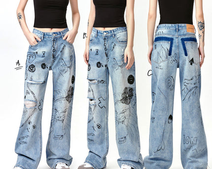 Graffiti Fun Niche Print Washed Distressed Denim Trousers