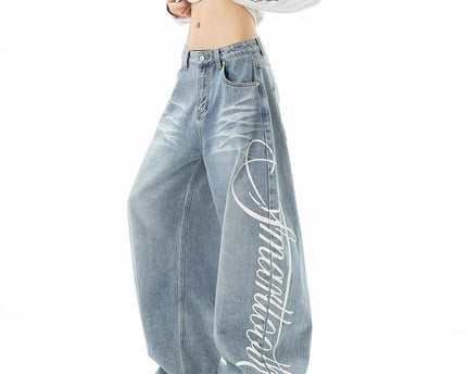 Retro Washed Distressed Letter Print Jeans Unisex Autumn Street Style Loose Wide Leg Drapey Floor-Length Pants Fashion Brand