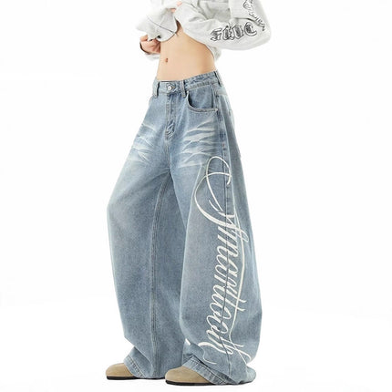 Retro Washed Distressed Letter Print Jeans Unisex Autumn Street Style Loose Wide Leg Drapey Floor-Length Pants Fashion Brand