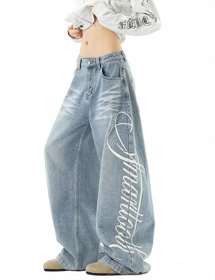 Retro Washed Distressed Letter Print Jeans Unisex Autumn Street Style Loose Wide Leg Drapey Floor-Length Pants Fashion Brand